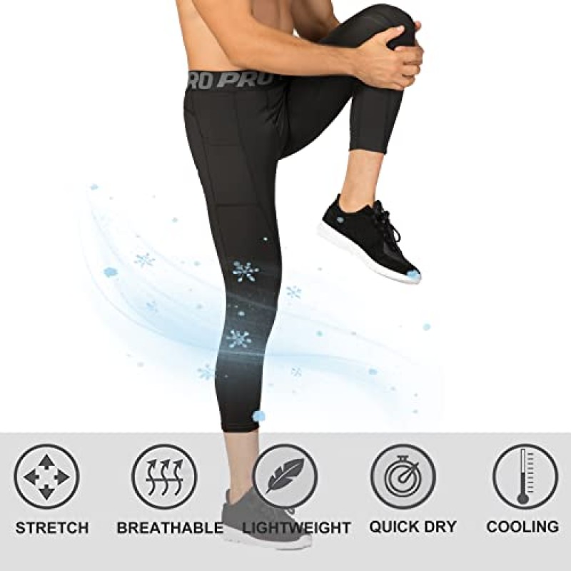 LANDUNSI 3 Pack Mens 압축 바지 3/4 Pokects가있는 러닝 축구 스타킹 Dry Fit Workout Leggings Sports Baselayer