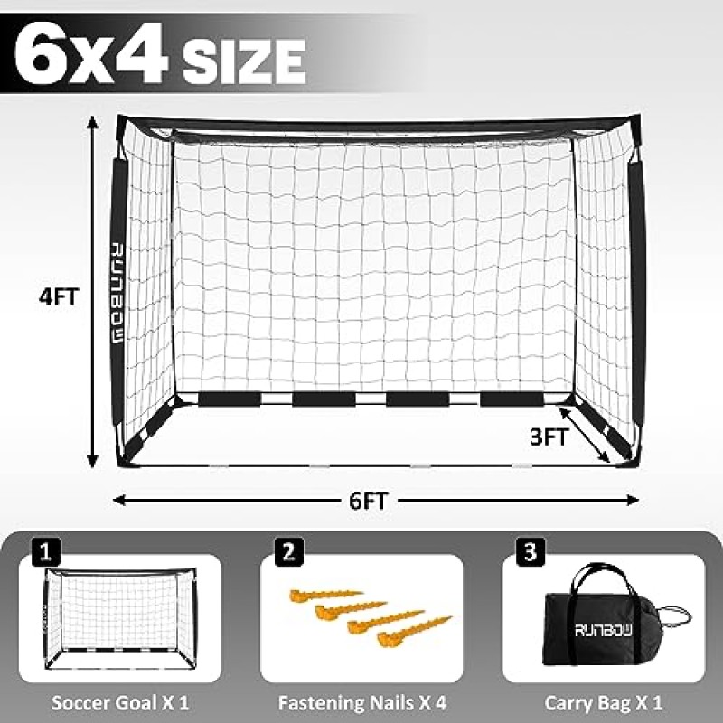 RUNBOW 광장 휴대용 어린이 축구 목표 6x4FT 네트(손쉬운 조립을 위한 매직 테이프 바닥 포함)와 뒷마당, 야외, 연습용 경량 내구성 PE 네트