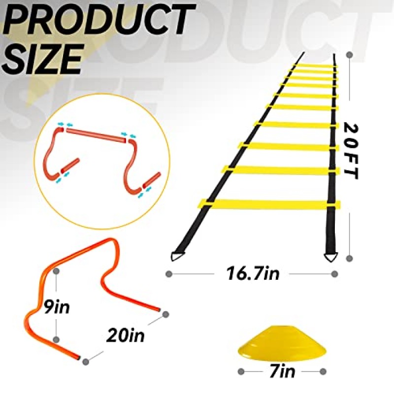 MKSY 민첩성 사다리 속도 훈련 장비 세트에는 20피트 민첩성 사다리, 낙하산, 민첩성 장애물 4개, 디스크 콘 12개, 줄넘기 1개, 농구 축구 훈련용 스테이크 4개 및 밴드 5개가 포함되어 있습니다.