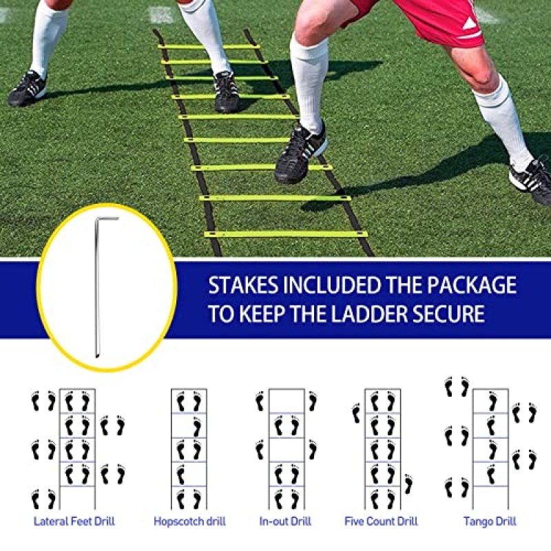 MKSY 민첩성 사다리 속도 훈련 장비 세트에는 20피트 민첩성 사다리, 낙하산, 민첩성 장애물 4개, 디스크 콘 12개, 줄넘기 1개, 농구 축구 훈련용 스테이크 4개 및 밴드 5개가 포함되어 있습니다.