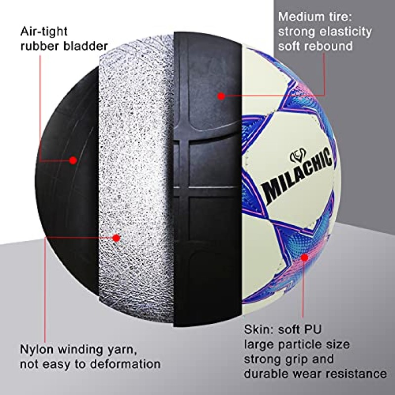 MILACHIC 축구공, 어둠 속에서 빛나는 축구공 크기 3/4 / 5, 남학생, 여학생, 남성, 여성 실내외 축구 훈련용 빛나는 야광 축구공 선물(펌프 포함)