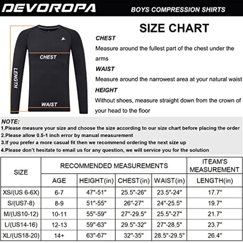 DEVOROPA 청소년 소년 압축 셔츠 짧은/긴 소매 축구 야구 언더 셔츠 빠른 건조 스포츠 Baselayer