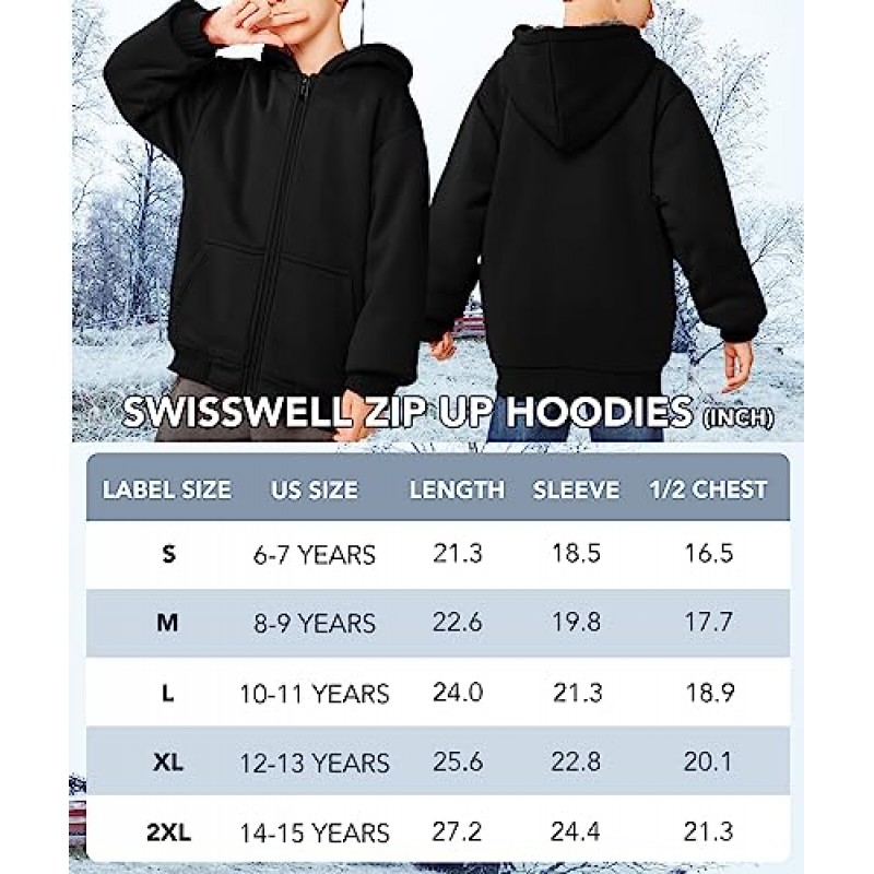 SWISSWELL Kids Fleece 까마귀 풀 지퍼 후드 티셔츠 소년 소녀 용 긴 소매 아늑한 자켓 6-16 세