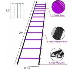 프로 속도 및 민첩성 훈련 세트 - 휴대용 가방이 포함된 12단 20피트 조정 가능한 민첩성 사다리, 12개의 디스크 콘, 4개의 강철 스테이크, 1개의 저항 낙하산, 장비를 사용하여 모든 스포츠에서 발놀림 향상