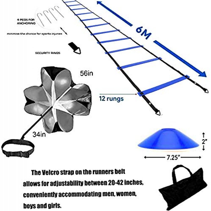 축구 콘 훈련 사다리, 달리기 낙하산 속도 훈련, 12단 20피트 민첩성 사다리, 12개의 디스크 콘, 4개의 강철 스테이크, 2개의 저항 낙하산, 사다리 드릴 속도 훈련 키트 더 빠른 발놀림