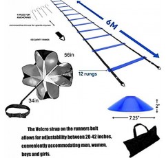 축구 콘 훈련 사다리, 달리기 낙하산 속도 훈련, 12단 20피트 민첩성 사다리, 12개의 디스크 콘, 4개의 강철 스테이크, 2개의 저항 낙하산, 사다리 드릴 속도 훈련 키트 더 빠른 발놀림