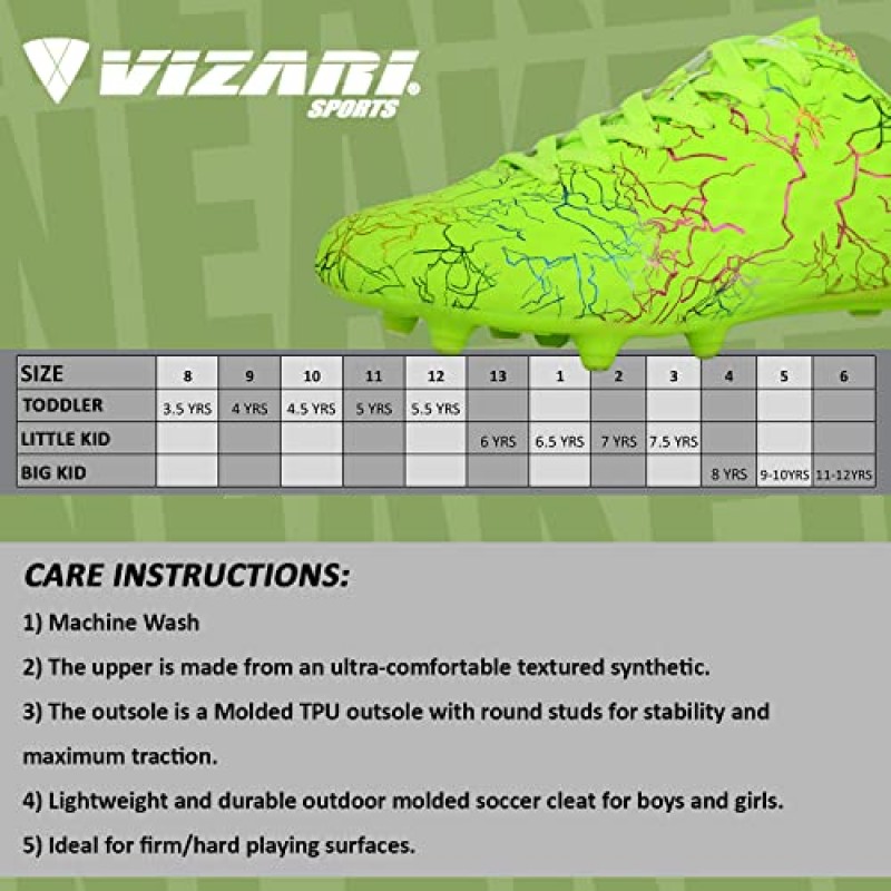 Vizari 아동용 조디악 JR FG 펌 그라운드 야외 축구 스파이크화/남학생 및 여학생용 신발