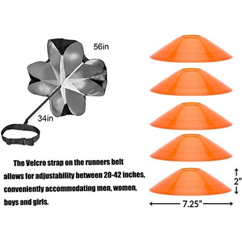 속도 훈련 축구 콘 운동 사다리 훈련 키트-12 단 20피트 민첩성 사다리, 5개의 원형 훈련 콘, 저항 낙하산, 4개의 강철 스테이크, 더 빠른 발놀림을 위한 낙하산 속도 훈련