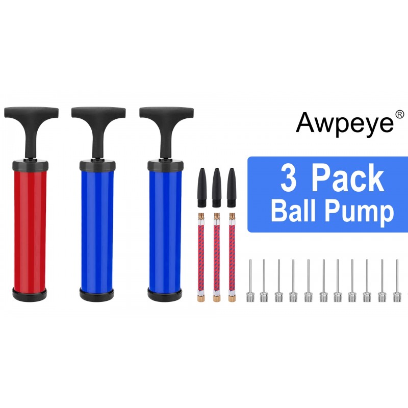 Awpeye 3 세트 볼 펌프, 축구 농구 축구 배구 및 기타 풍선 공용 바늘, 노즐, 연장 호스가 있는 휴대용 핸드 에어 볼 펌프 팽창기 키트