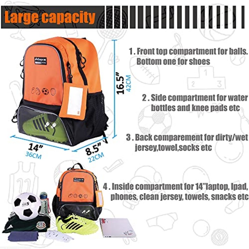 Holisign 청소년 축구 가방 - 축구, 농구, 배구, 별도의 볼 홀더 및 투명한 창 클리트 수납공간이 있는 축구용 백팩, 내장형 습식 포켓 2개(파워 오렌지 HLS023)