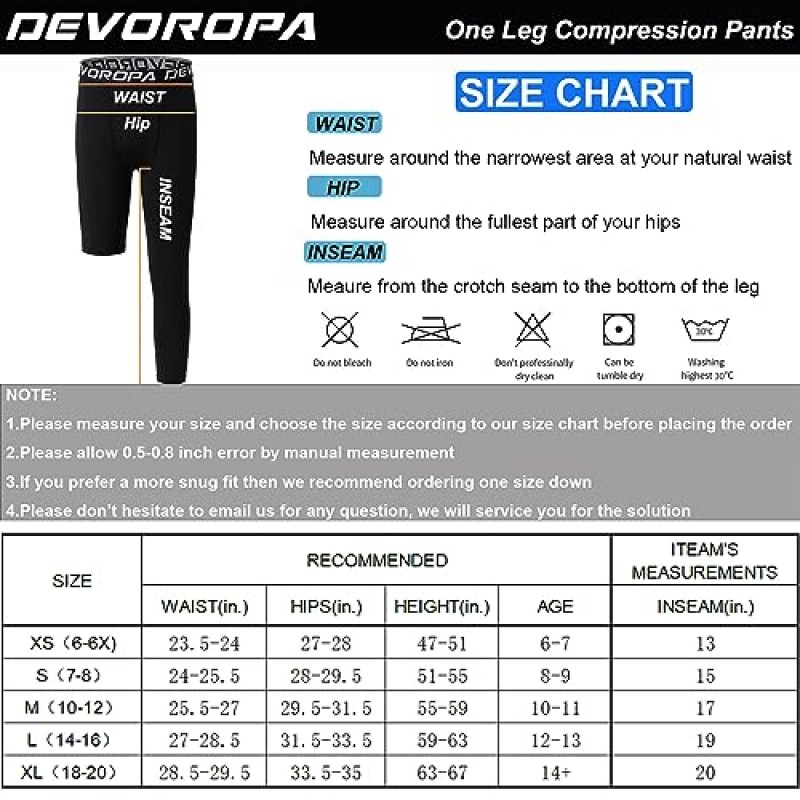 DEVOROPA 청소년 소년 한쪽 다리 압축 바지 농구 3/4 레깅스 스포츠 스타킹 어린이 운동 축구 기본 레이어