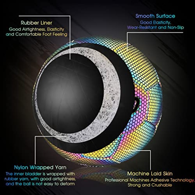 SQUAD 홀로그램 반사 축구공 사이즈 5 - 야간 게임 및 훈련을 위한 반사 빛나는 공 - 내구성이 뛰어난 PU 가죽 및 고무 에어백 - 축구 팬을 위한 멋지고 독특한 선물