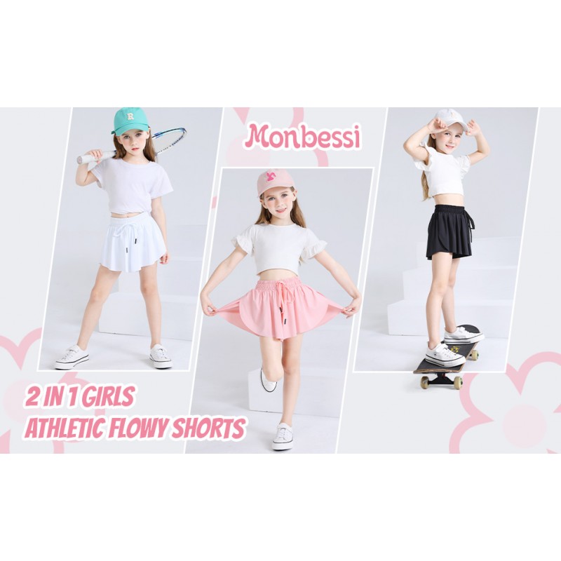 Monbessi Girls Butterfly Flowy Shorts 어린이 운동용 러닝 반바지(스판덱스 라이너 포함) 2 in 1 Shorts for 4-12 Years