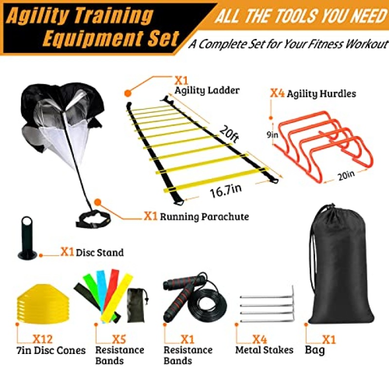 BDL 민첩성 사다리 속도 훈련 세트 - 민첩성 사다리, 스탠드가 있는 12개의 디스크 콘, 4개의 장애물, 달리기 낙하산, 줄넘기 및 축구, 축구, 농구 훈련을 위한 5개의 저항 밴드 포함