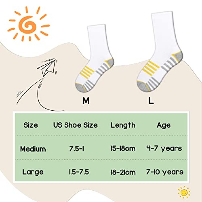 Comfoex 남아용 크루 양말 4-10세 어린이용 운동용 긴 양말 쿠션 밑창 포함 6쌍