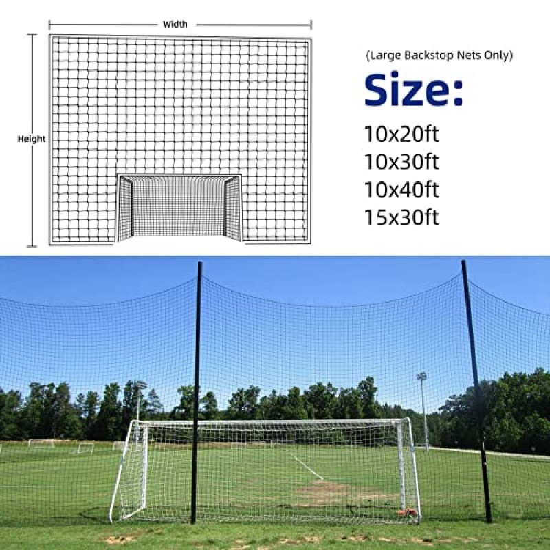 Wiseek 축구 백스톱 네트, 고 영향도 축구 배리어 네트, 나일론 축구 연습 스포츠 그물 10x20ft/10x30ft/10x40ft (설치 로프 포함)