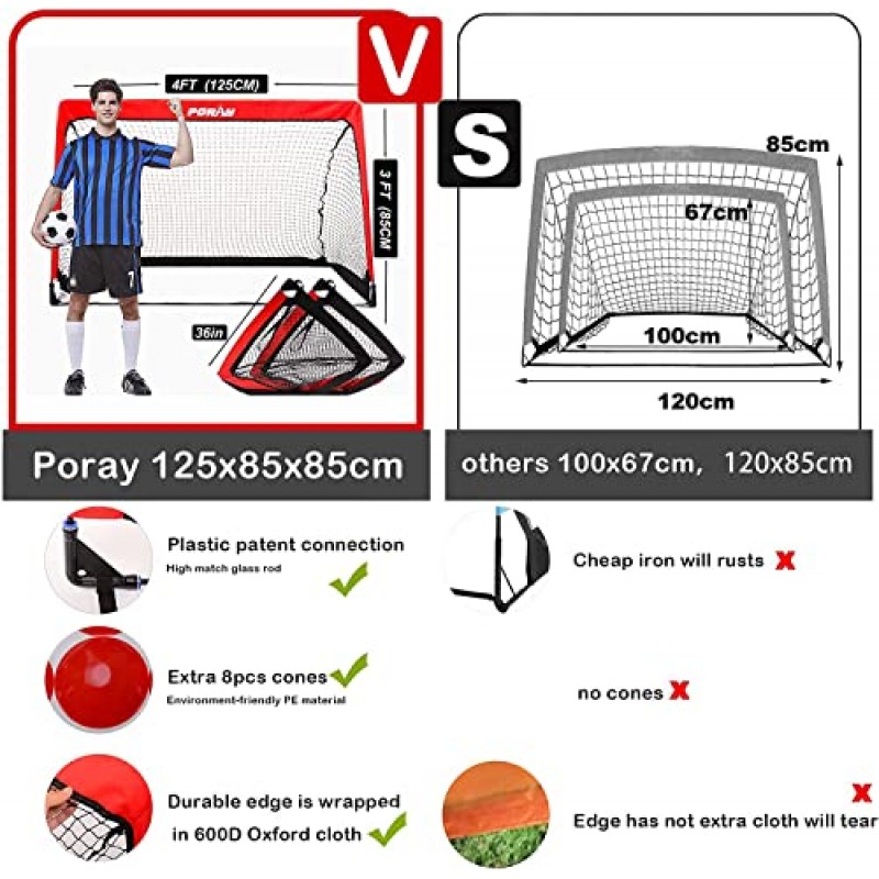 어린이 및 성인을 위한 Poray 휴대용 축구 목표 넷, 2개 세트, 210D 옥스포드 및 8개의 필드 마커 콘 및 추가 스테이크가 포함된 팝업 4FT 축구 목표, 뒷마당 및 축구 훈련을 위한 생일 선물 및 재미