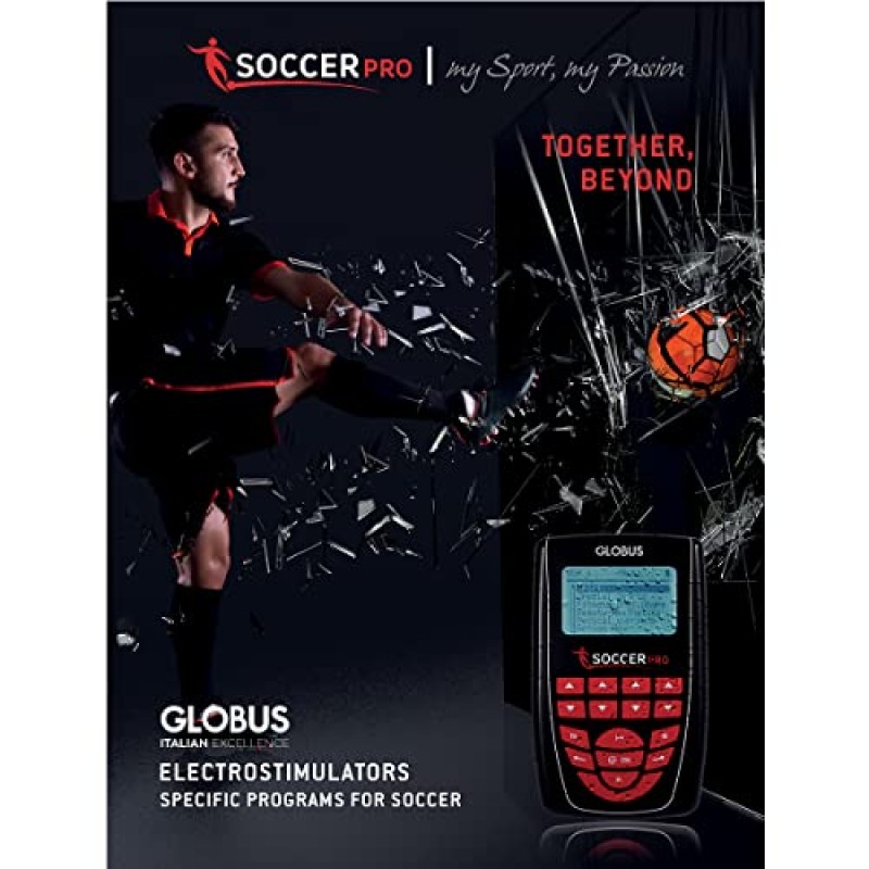 Globus Soccer PRO 전기 근육 자극기, 4채널, 충전식, 근력, 지구력, 파워, 워밍업 및 회복을 위한 258개 프로그램; 또한 축구의 근육 성능과 회복을 향상시킵니다.