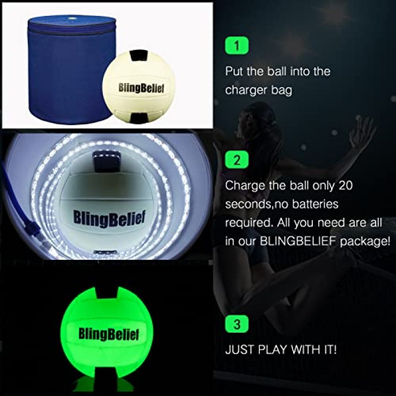 blingbelief 다크 배구의 슈퍼 브라이트 글로우, LED 충전 라이트 업 야광 배구, 휴대용 가방이 포함된 공식 크기 및 무게 배구-라이트 업 휴대용 가방, 배구x1