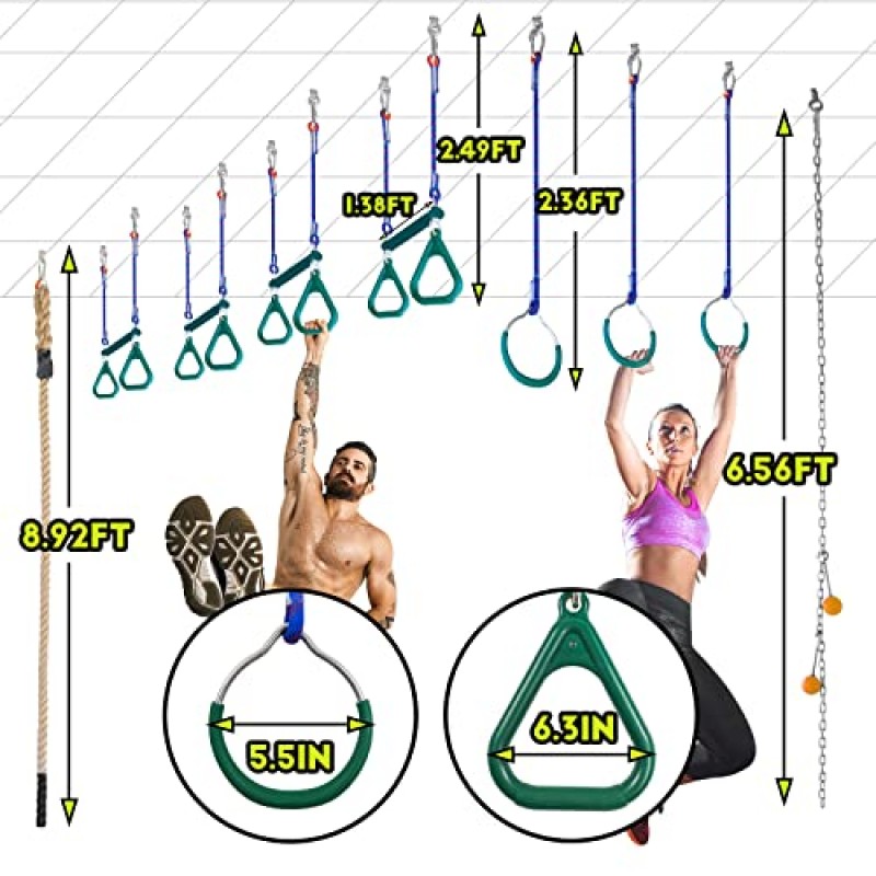 어린이와 성인을 위한 Perantlb 실내 닌자 전사 장애물 코스, Ninja Slackline에는 팔 힘을 강화할 수 있는 7개의 걸이 부착 장치, 지붕 강도 훈련 세트가 포함되어 있습니다.