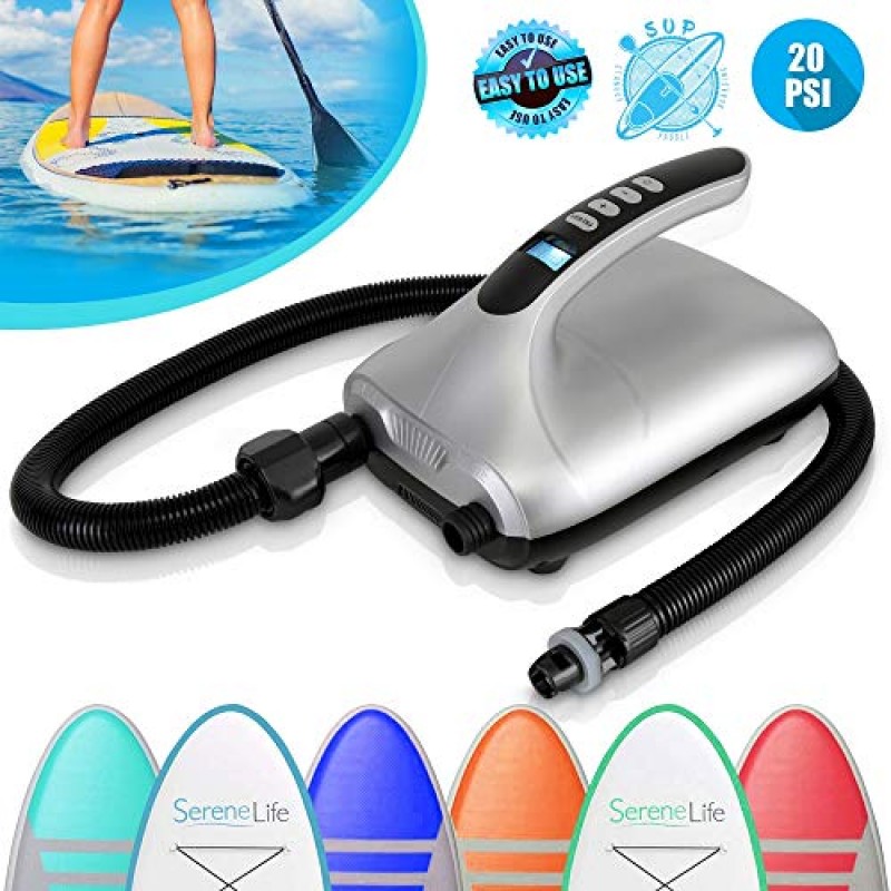 20PSI 고압 SUP 전기 공기 펌프, 팽창식 스탠드 업 패들 보드, 보트, 카약, 12V DC 자동차 커넥터용 이중 스테이지 인플레이션 패들 보드 펌프 SereneLife