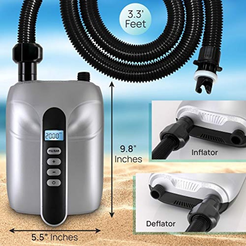 20PSI 고압 SUP 전기 공기 펌프, 팽창식 스탠드 업 패들 보드, 보트, 카약, 12V DC 자동차 커넥터용 이중 스테이지 인플레이션 패들 보드 펌프 SereneLife