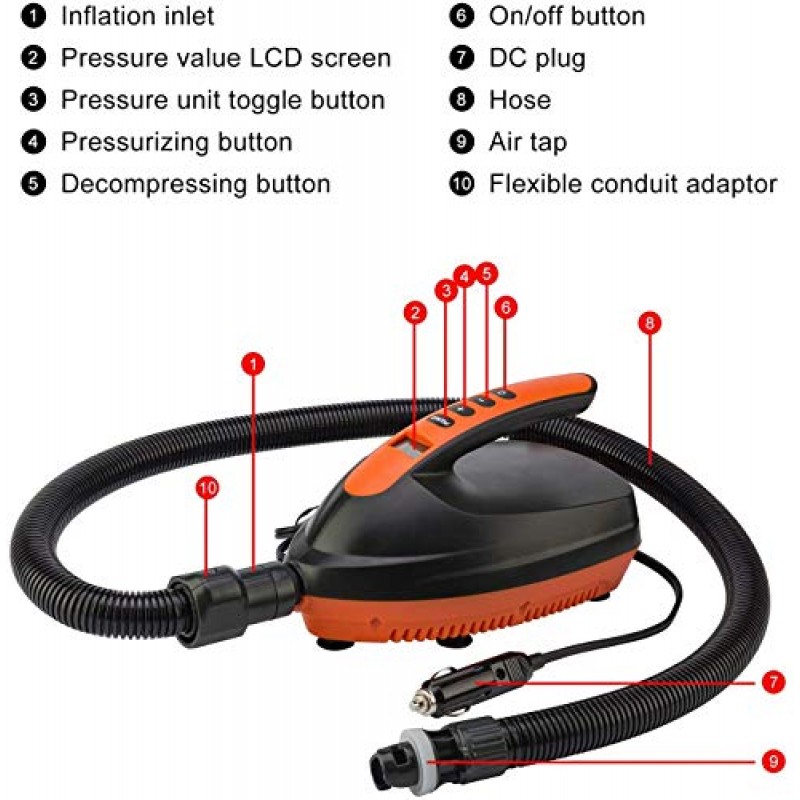 전기 패들 보드 펌프, 풍선 수영장, 보트, 뗏목, 수영장 장난감, 카약, 12V DC 자동차 연결용 자동 꺼짐 기능이 있는 16 PSI 디지털 SUP 팽창기 펌프