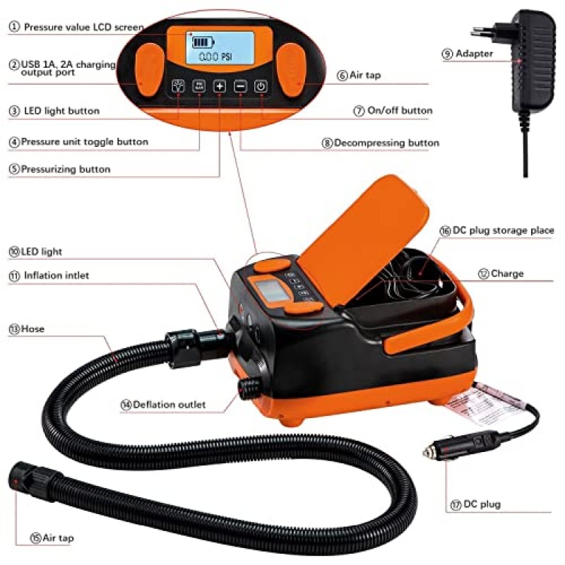 충전식 Sup 공기 펌프 전기 휴대용, 배터리 포함 16PSI 12V, 스탠드 업 패들 보드 전기 펌프 팽창기/수축기-패들 보드, 보트, 카약용 휴대용 공기 압축기