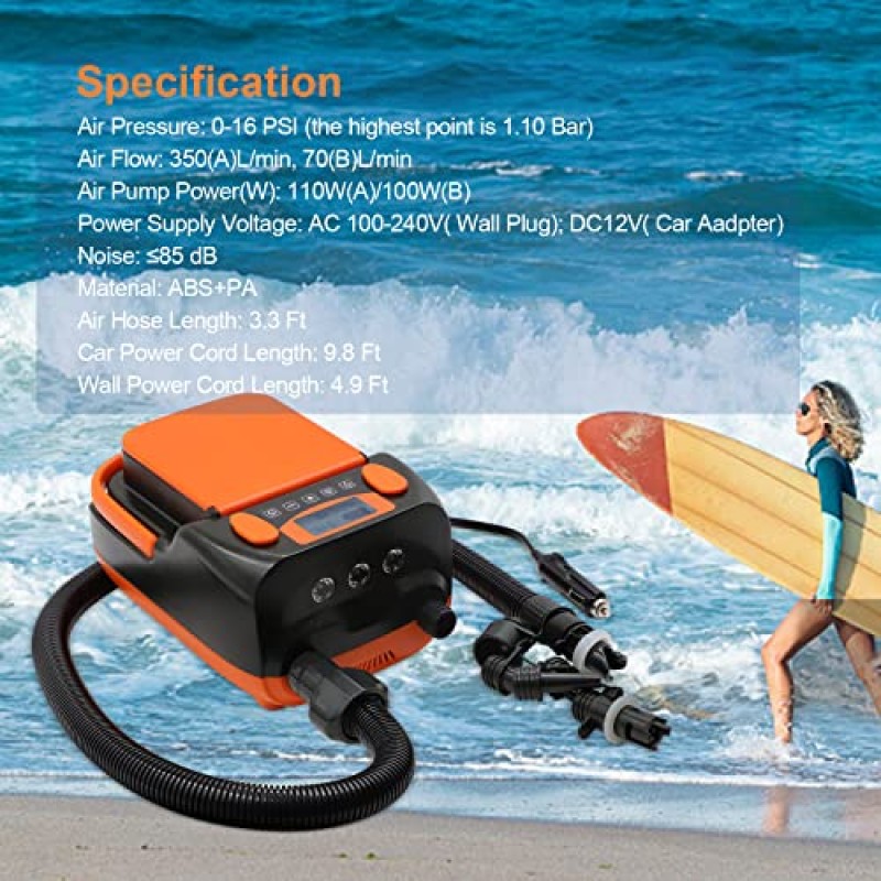 충전식 Sup 공기 펌프 전기 휴대용, 배터리 포함 16PSI 12V, 스탠드 업 패들 보드 전기 펌프 팽창기/수축기-패들 보드, 보트, 카약용 휴대용 공기 압축기
