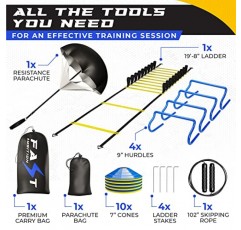 속도 및 민첩성 훈련 세트(파란색 및 노란색) - 축구 사다리, 콘 장애물 세트, 속도 훈련용 낙하산, 운동 사다리 로프 및 휴대용 가방이 포함된 민첩성 키트 – 어린이, 성인 민첩성 훈련 장비