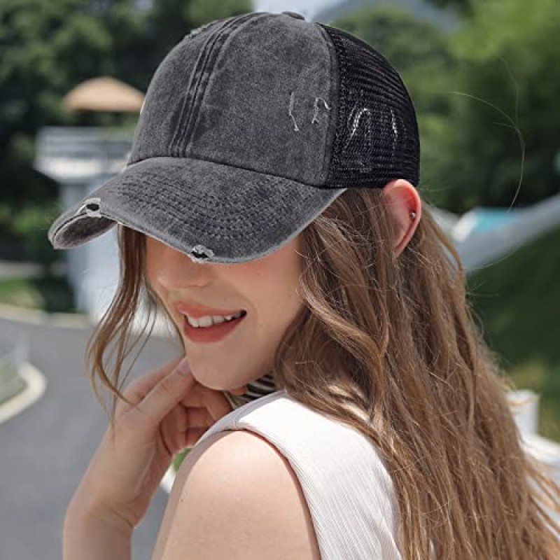 HH HOFNEN 포니테일 모자 여자 씻어 고민된 야구 모자 높은 Ponycaps 포니테일 구멍이 있는 코튼 아빠 모자