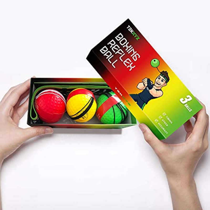 TEKXYZ 복싱 반사 공, 머리띠가 있는 3가지 난이도 복싱 공, 테니스 공보다 부드럽고 반응, 민첩성, 펀칭 속도, 싸움 기술 및 손 눈 협응 훈련에 적합