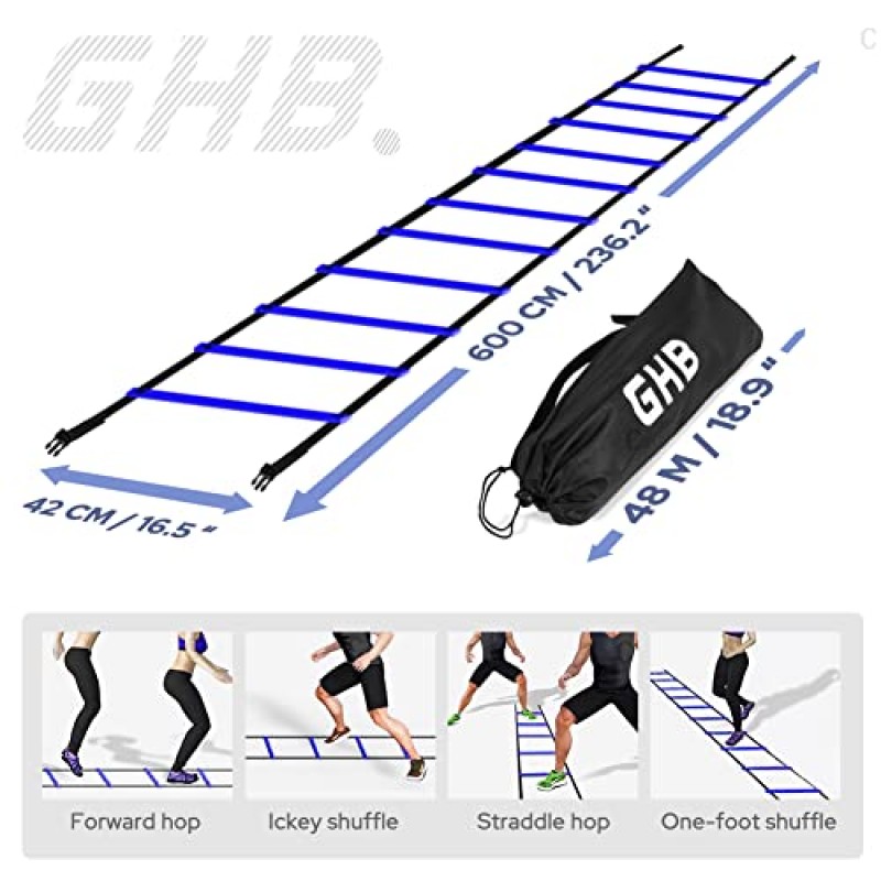 GHB 프로 민첩성 사다리 민첩성 훈련 사다리 속도 12단 20피트 휴대용 가방 포함