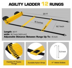 ZNCMRR 민첩성 사다리 속도 훈련 장비 세트, 20피트 조정 가능한 12단 운동 사다리, 축구, 농구, 야구 및 발놀림 기술 훈련을 위한 달리기 속도 낙하산 및 10개의 디스크 콘