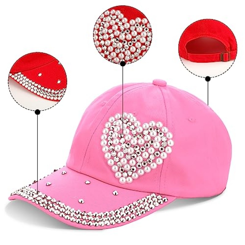 Toulite 3 Pcs 야구 모자 여성용 블링 하트 야구 모자 박힌 라인 석 진주 야구 모자 여성용 반짝 이는 야구 모자 소녀 선물, 레드 화이트 핑크
