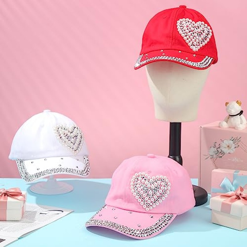 Toulite 3 Pcs 야구 모자 여성용 블링 하트 야구 모자 박힌 라인 석 진주 야구 모자 여성용 반짝 이는 야구 모자 소녀 선물, 레드 화이트 핑크