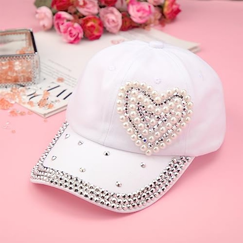 Toulite 3 Pcs 야구 모자 여성용 블링 하트 야구 모자 박힌 라인 석 진주 야구 모자 여성용 반짝 이는 야구 모자 소녀 선물, 레드 화이트 핑크