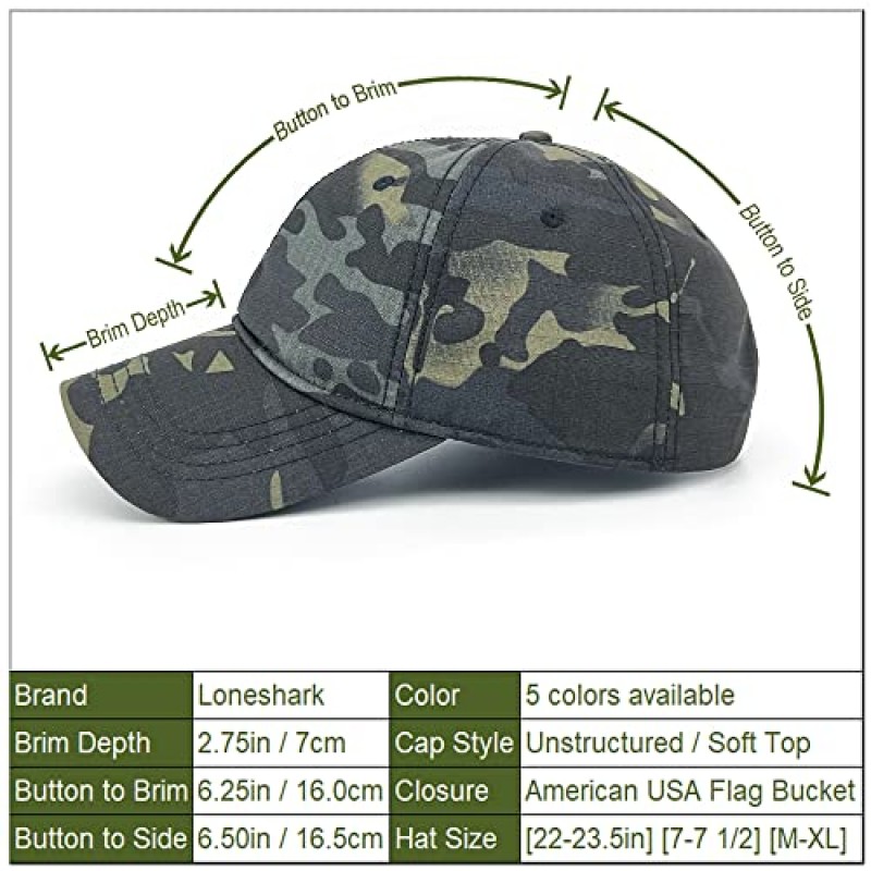Loneshark Mens Camo 야구 모자 (미국 국기 버클 포함) 미국 전술 운영자 애국 모자 미 육군 군사 OCP 공 모자