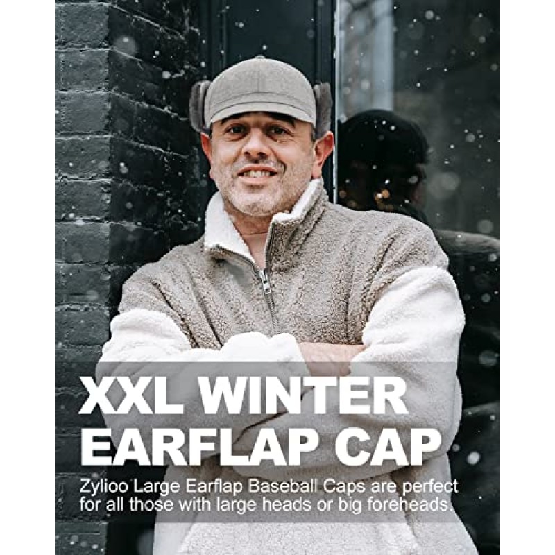 Zylioo XXL 특대 양털 야구 모자, 귀고리, 큰 머리를 위한 겨울 따뜻한 모자, 대형 탄성 사냥꾼 아빠 모자