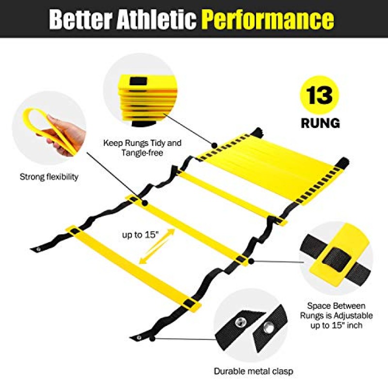 12 렁 민첩성 훈련 사다리 키트 – 휴대용 가방 포함, 6인치 속도 허들 추가 5개 – 다용도 축구 축구 민첩성 훈련 피트니스 장비