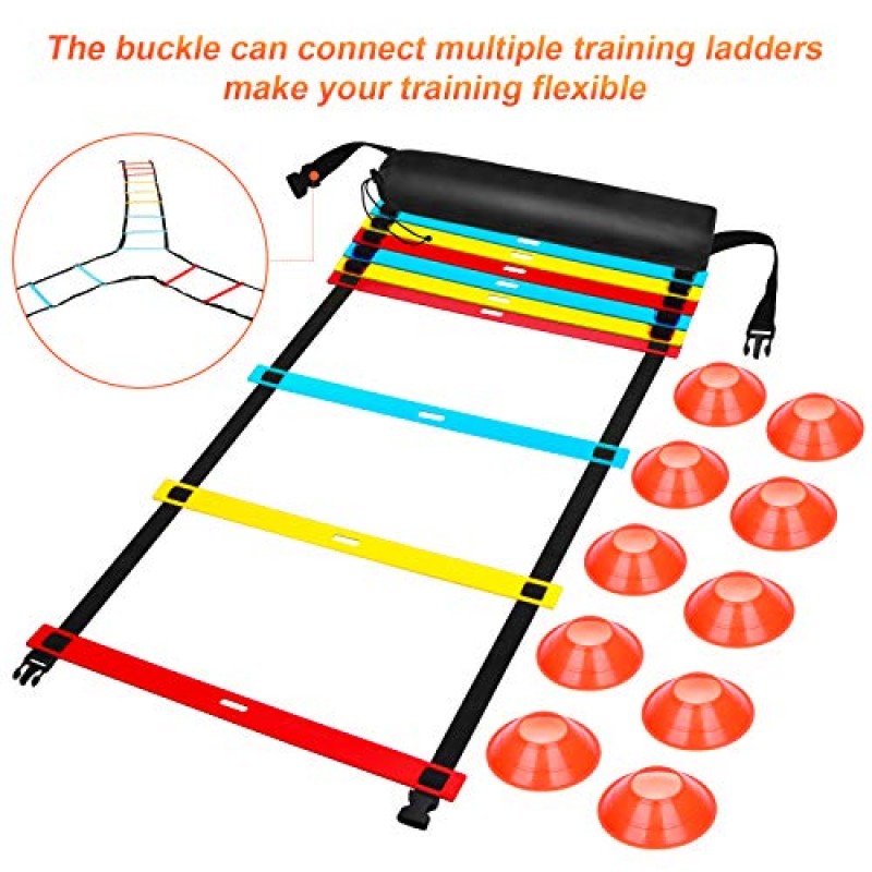FENGDU 민첩성 사다리 속도 훈련 장비, 9 Rung 13FT 스포츠 민첩성 사다리 세트 축구, 속도, 축구 피트니스 피트 훈련을 위한 10개의 디스크 콘이 있는 운동 사다리
