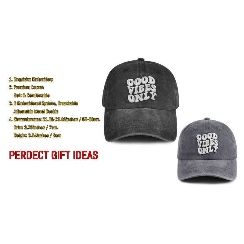 Good Vibes Only Hat, 남성 여성을 위한 긍정적인 Vibes 전용 선물, 재미 있은 조절 가능한 워시 코튼 3D 자수 야구 모자