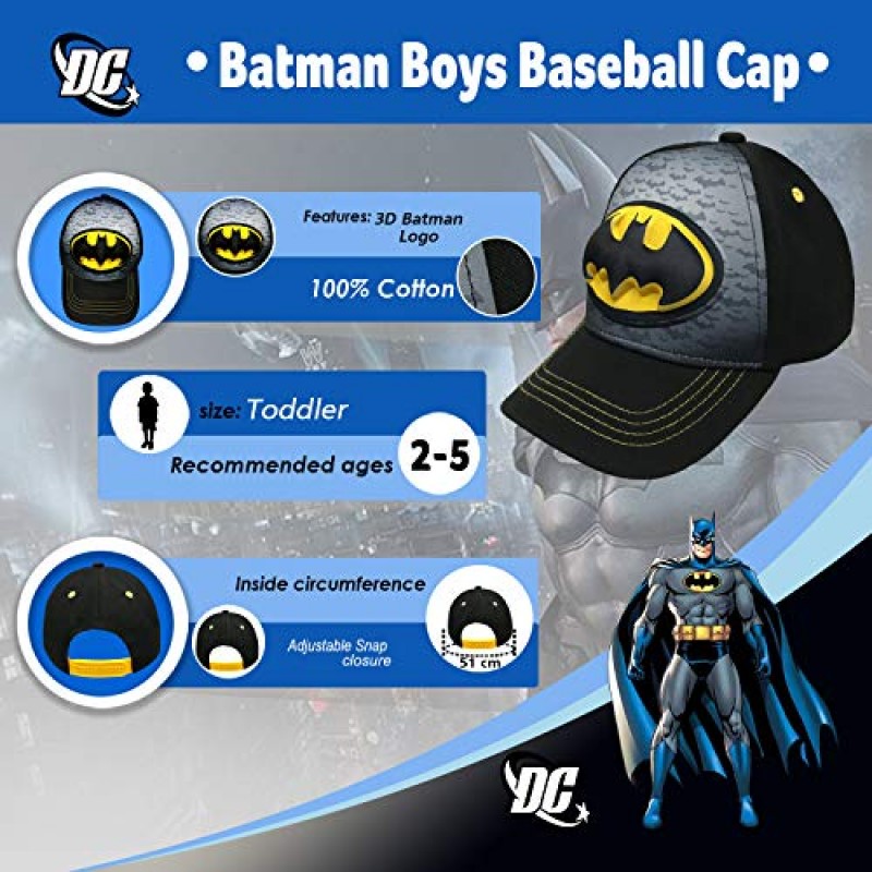 DC 코믹스 배트맨 토들러 남아 블랙 3D 야구 모자, 2-5세