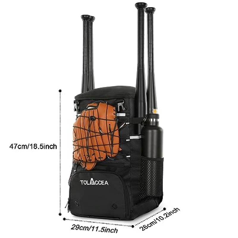 Tolaccea 야구 배낭, 청소년 성인용 야구 방망이 가방, 야구용 헬멧 홀더 및 신발 수납공간이 있는 경량 장비 가방, 티볼 및 소프트볼 | 배트 4개, 헬멧, 장갑, 신발 수납 가능