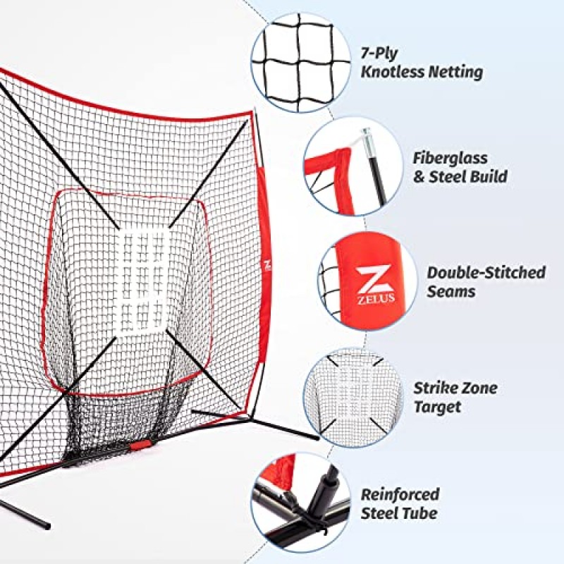 ZELUS 야구 네트 및 티, 타격 및 투구용 5x5ft/ 7x7ft 야구 네트, 캐리 백 볼 캐디 및 야구가 포함된 휴대용 실내 야외 타격 연습 네트