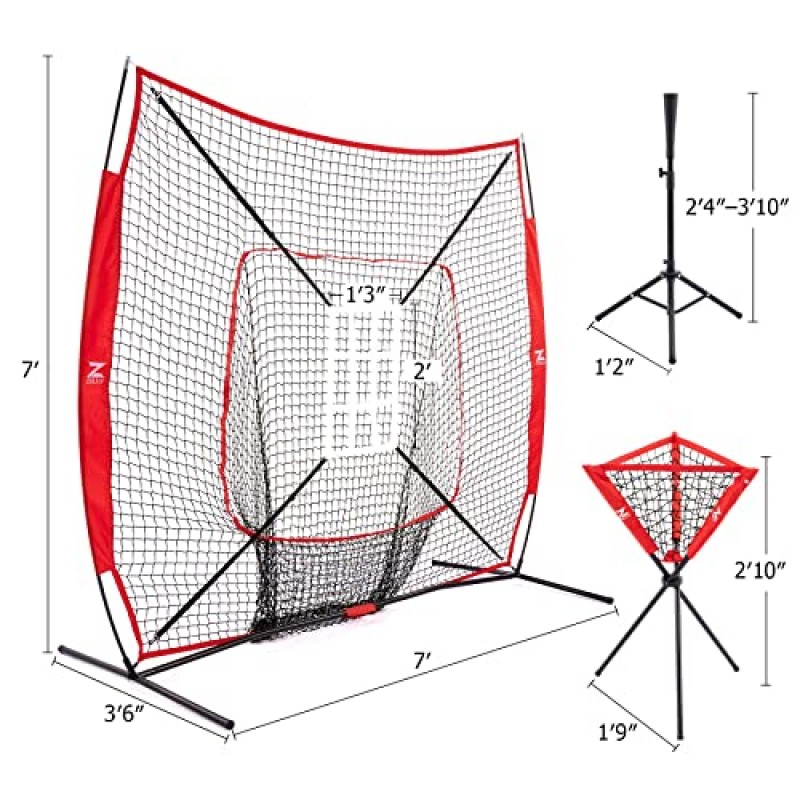 ZELUS 야구 네트 및 티, 타격 및 투구용 5x5ft/ 7x7ft 야구 네트, 캐리 백 볼 캐디 및 야구가 포함된 휴대용 실내 야외 타격 연습 네트