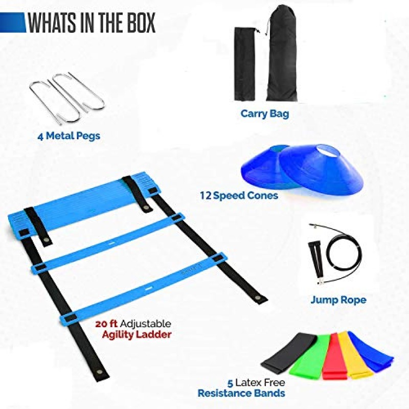 민첩성 사다리 속도 훈련 장비, 12개의 단 민첩성 사다리, 달리기 낙하산, 줄넘기, 저항 밴드, 축구용 저항 콘 12개, 농구, 하키 훈련 선수 포함