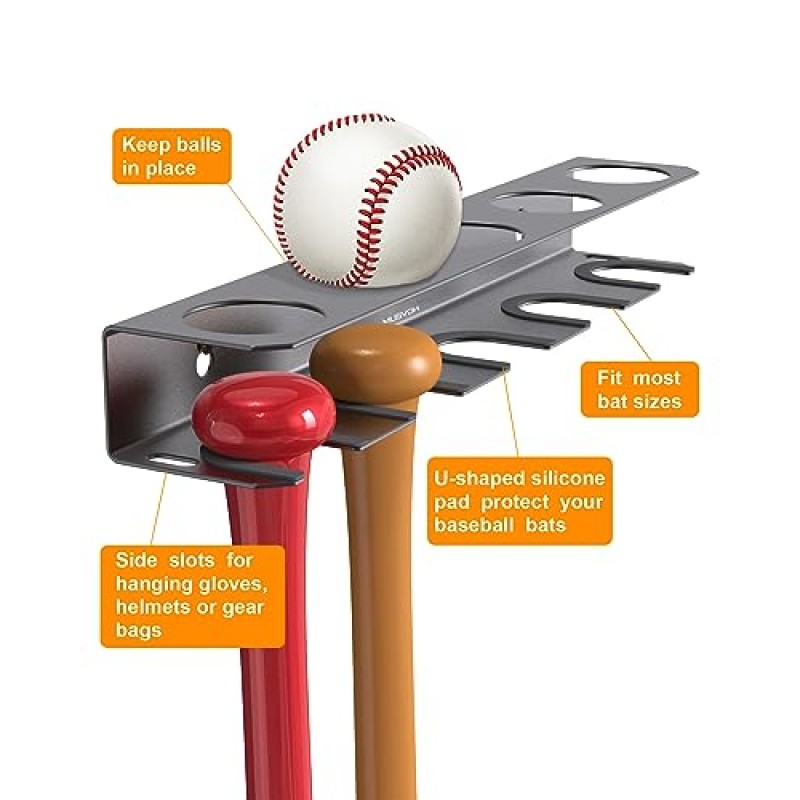 MUSVOH 야구 방망이 벽걸이형 야구 홀더 및 배트 랙 홈 스토리지용 벽에 금속 걸이 마운트-스포츠 장비 주최자는 최대 5명의 플레이어 야구 및 배트를 수용합니다.