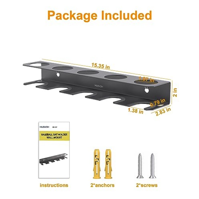 MUSVOH 야구 방망이 벽걸이형 야구 홀더 및 배트 랙 홈 스토리지용 벽에 금속 걸이 마운트-스포츠 장비 주최자는 최대 5명의 플레이어 야구 및 배트를 수용합니다.