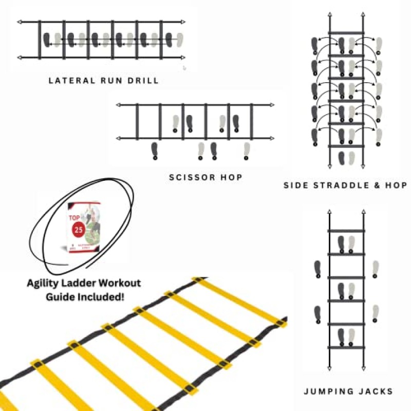 DELUXE EDITION 민첩성 사다리 훈련 세트 - 13단 21피트 노란색 민첩성 사다리 휴대용 가방 포함 - 속도 및 근력 향상 축구, 미식축구, 농구, 피트니스(스틸 페그 4개 포함), 운동 차트